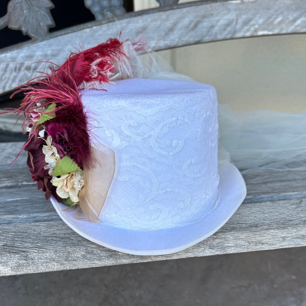 White Lace Top Hat with Red and Green Feathers and Flower Accents.  HALLOWEEN